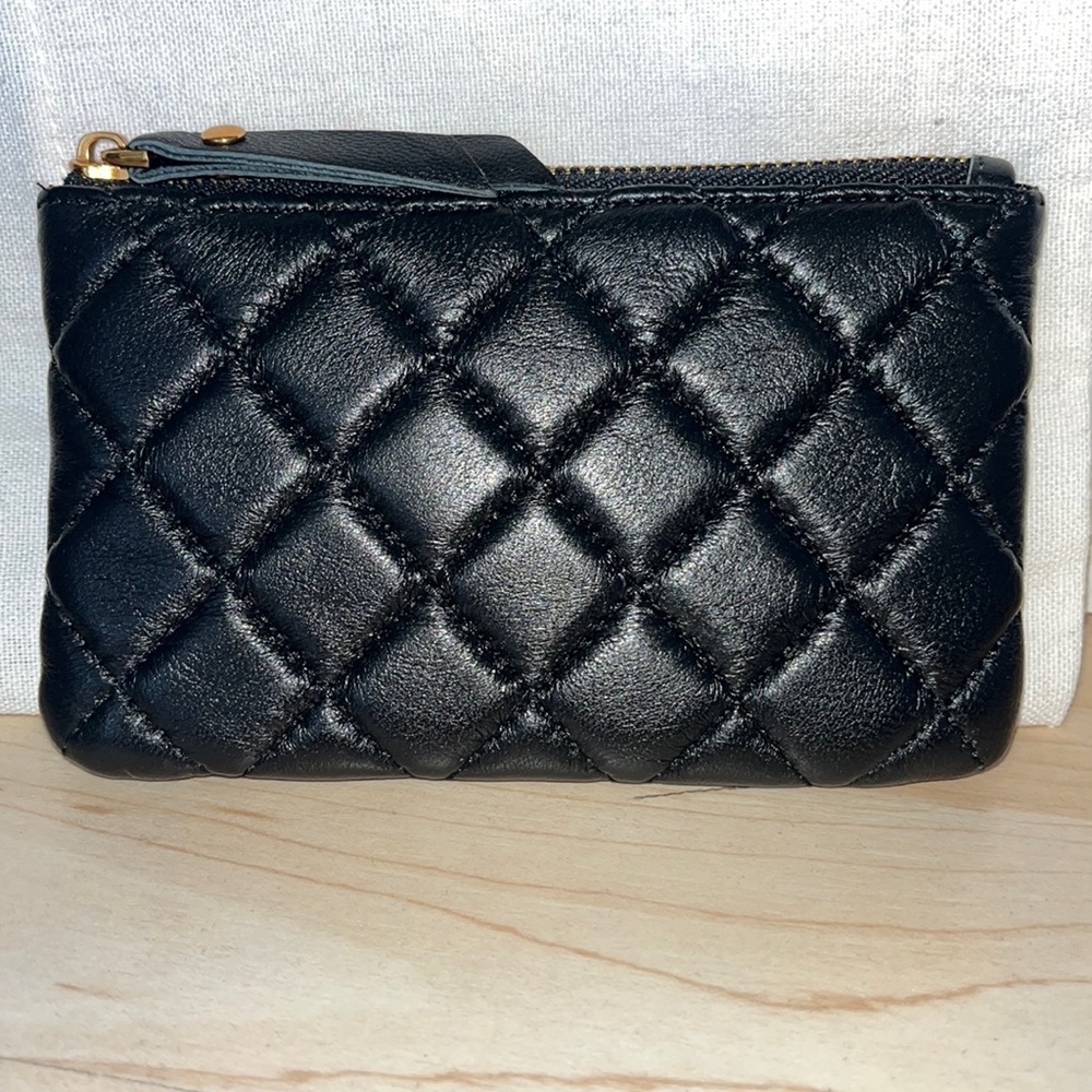 Black genuine leather quilted wristlet